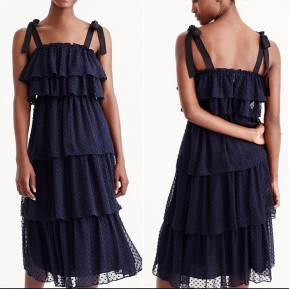 J. Crew Clip Dot Silk Blend Tie Shoulder Straps Tiered Dress Navy Blue Size 12